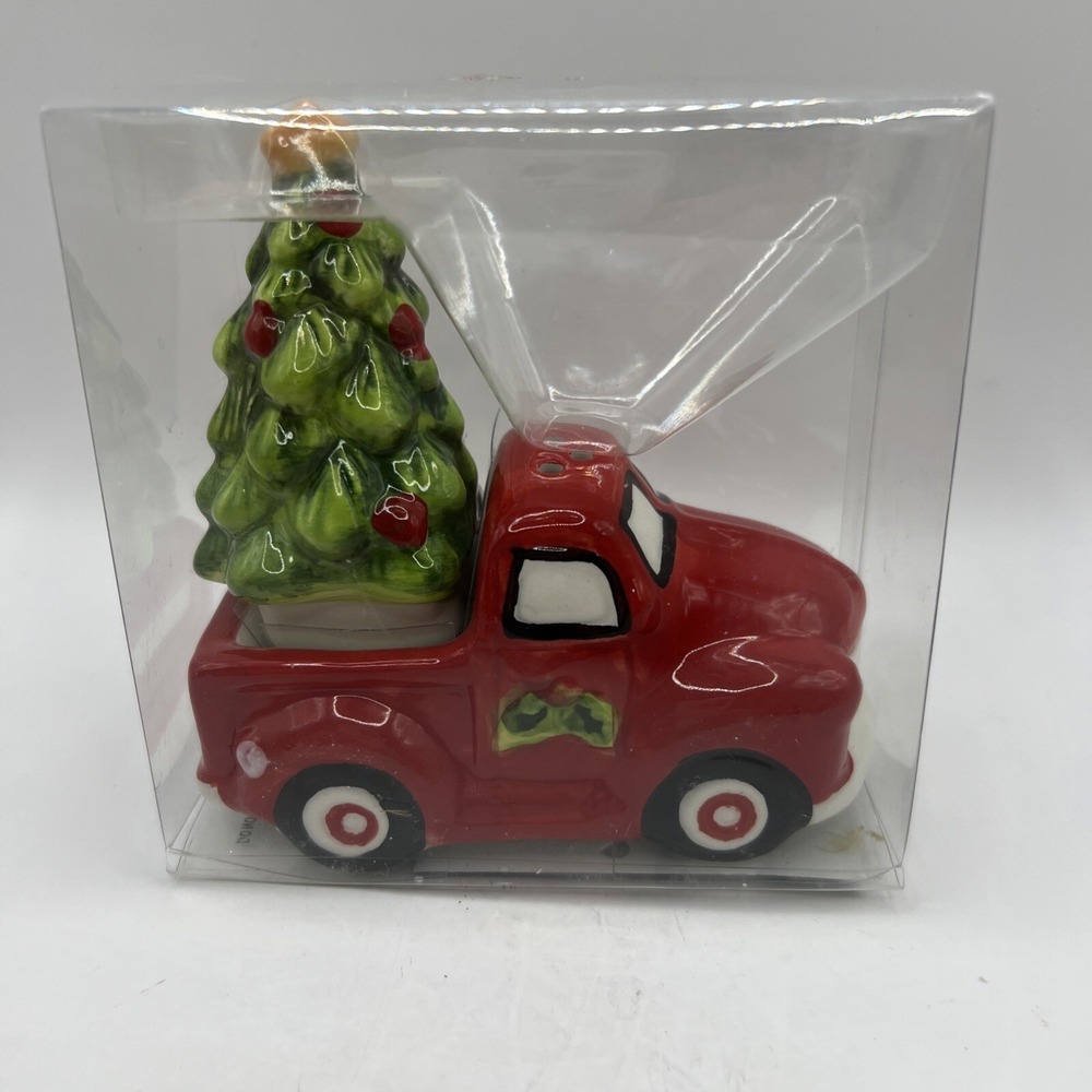 NEW ROBERT STANLEY CERAMIC CHRISTMAS TREE AND TRUCK SALT PEPPER SHAKER SET
